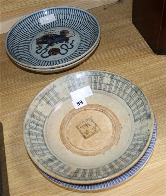 A 19th Century Chinese underglaze blue and copper red, two blue and white dishes and a Staffordshire dish